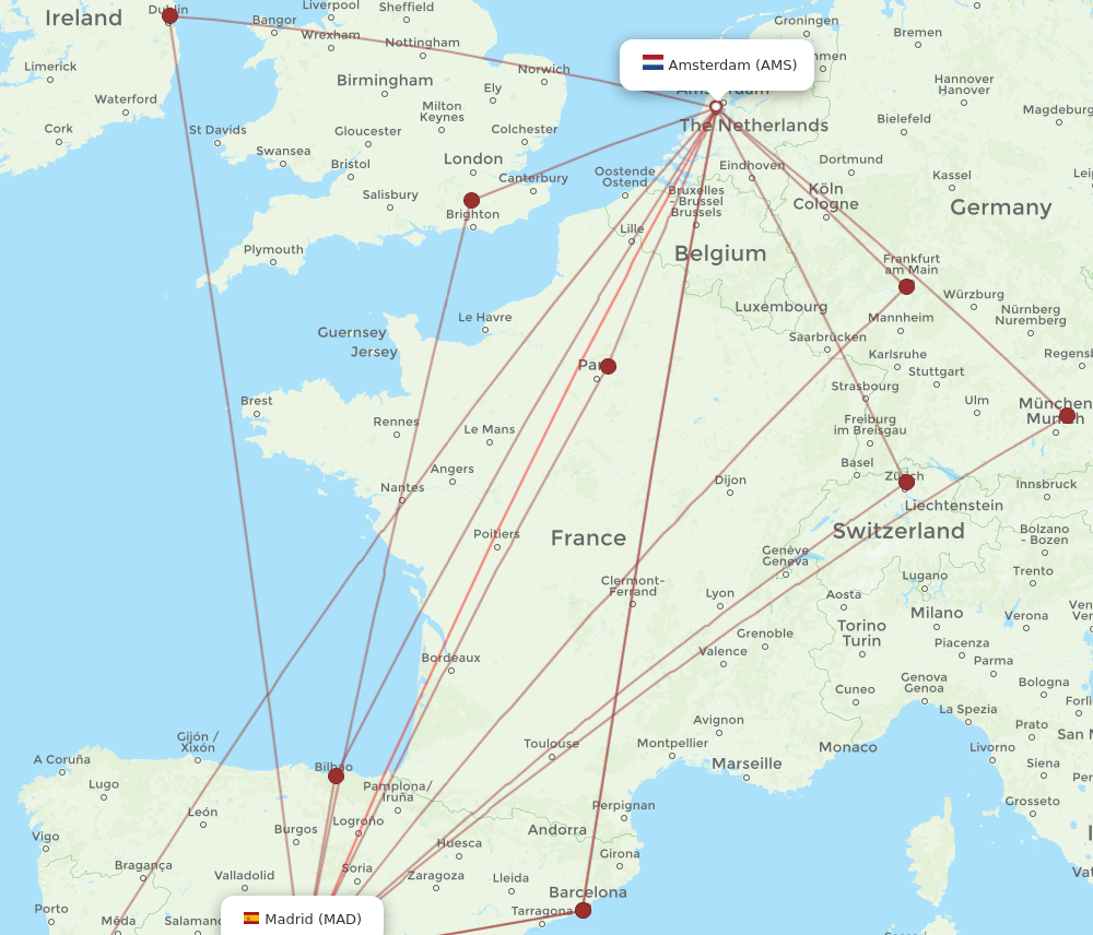 AMS to MAD flights and routes map