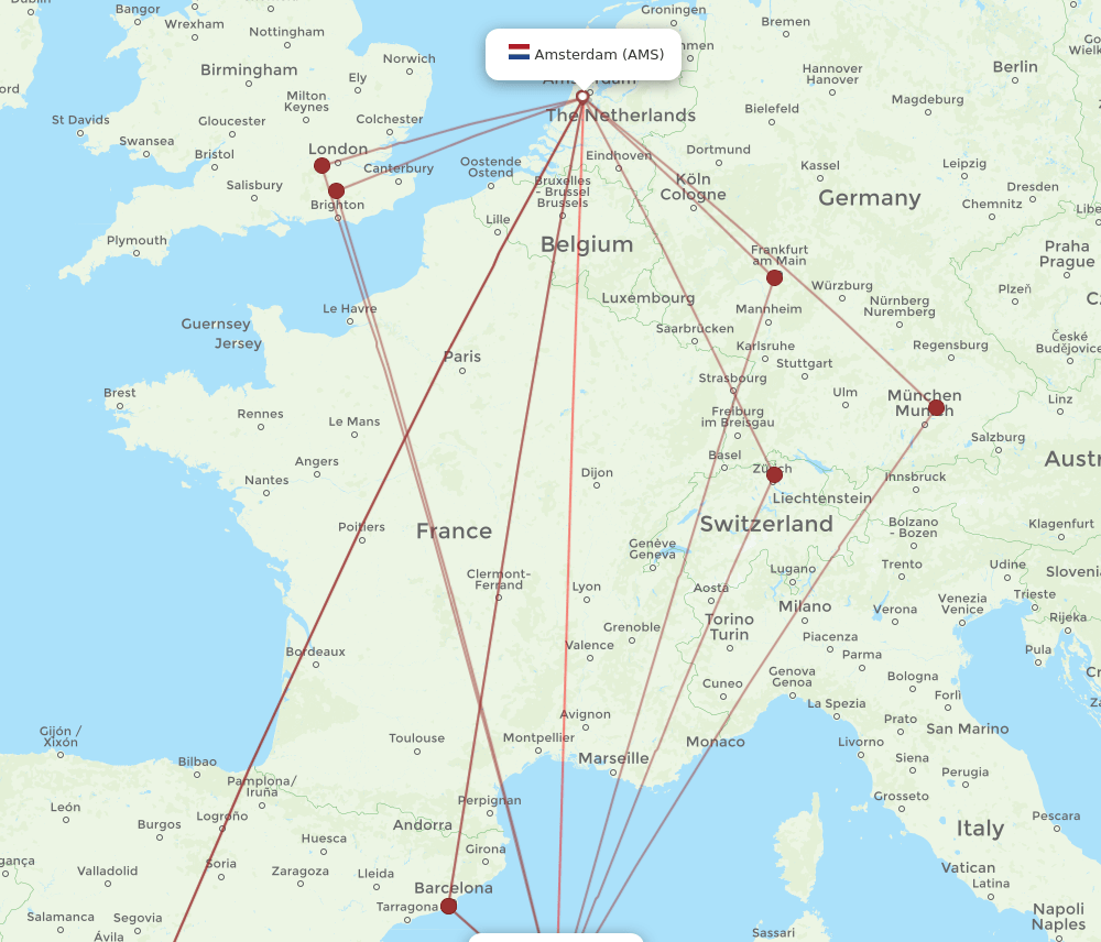 AMS-MAH flight routes