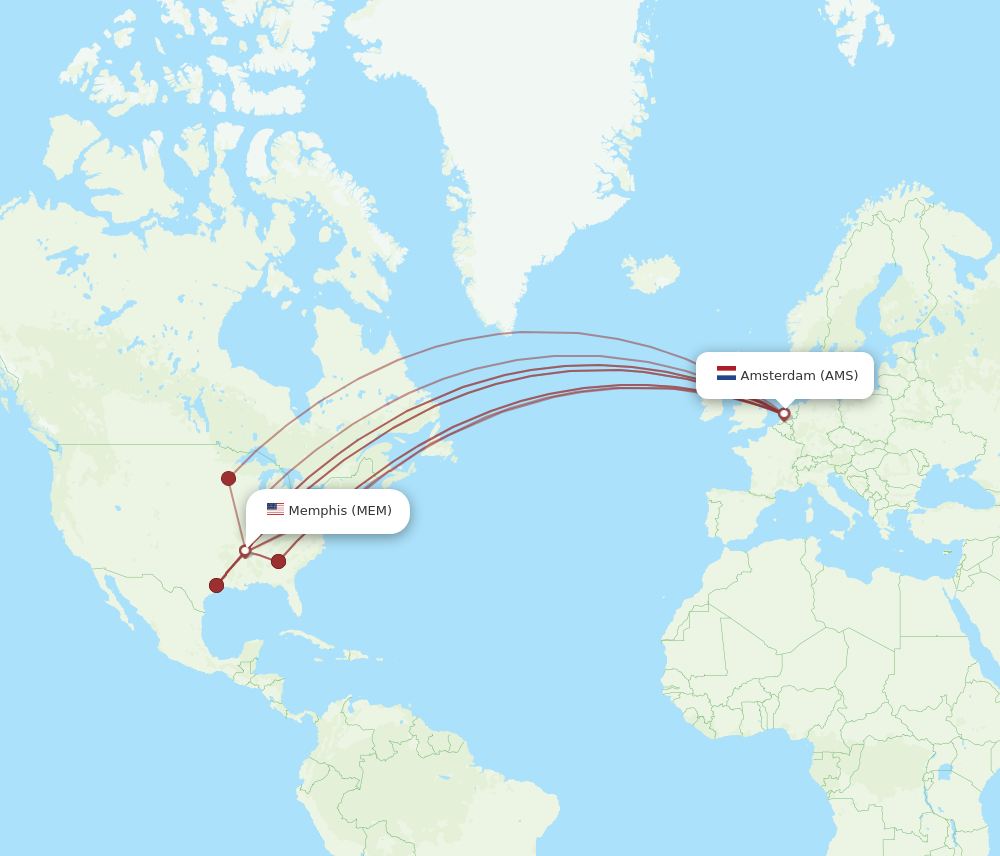 AMS to MEM flights and routes map