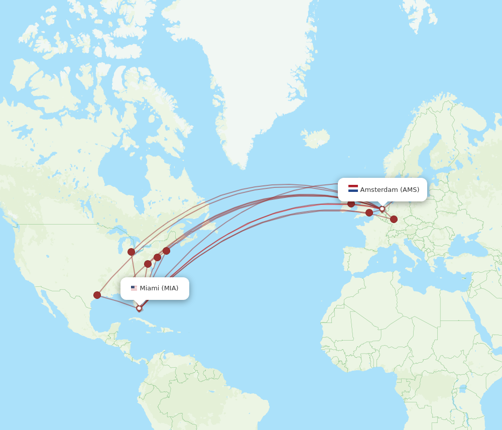 AMS to MIA flights and routes map
