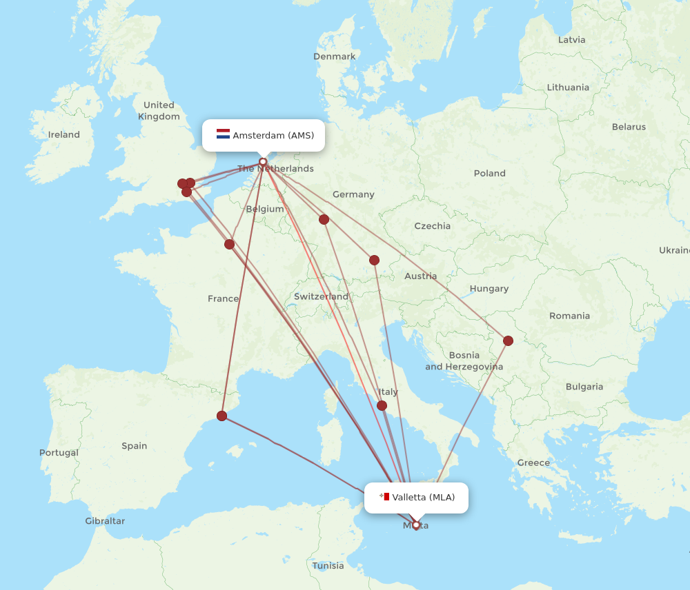 AMS to MLA flights and routes map