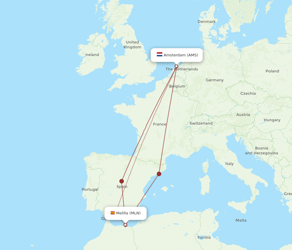 AMS-MLN flight routes