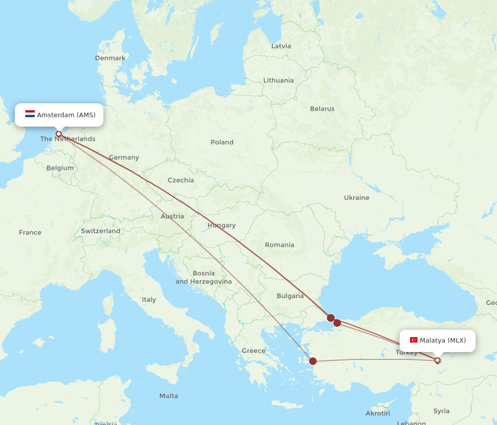AMS to MLX flights and routes map