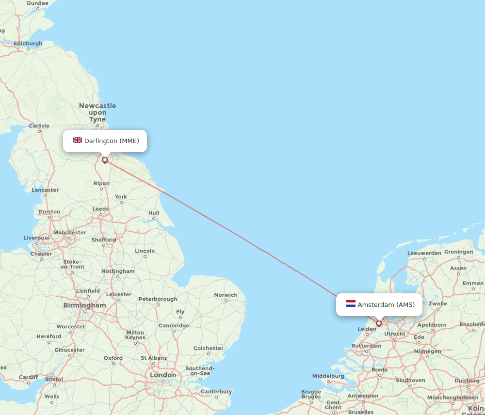 Amsterdam - Durham Tees Valley route map and flight paths