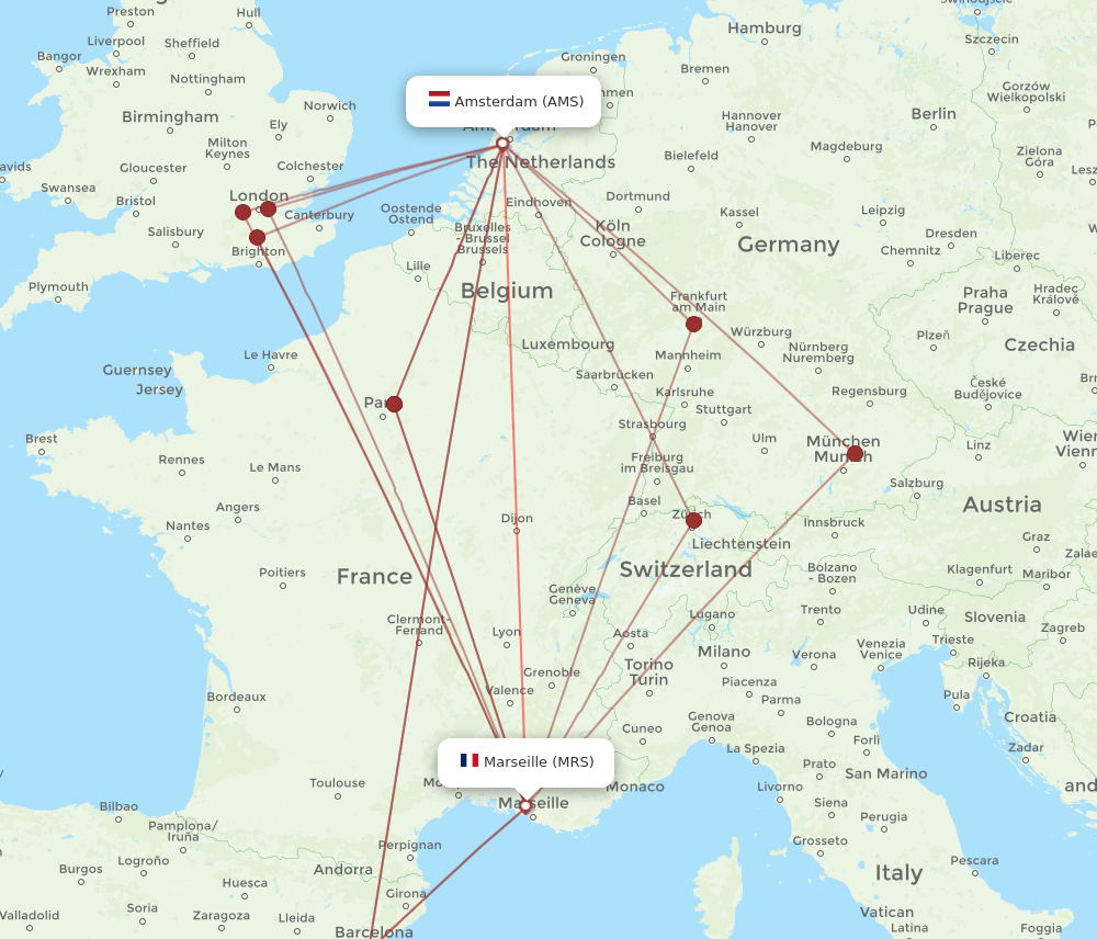 AMS to MRS flights and routes map