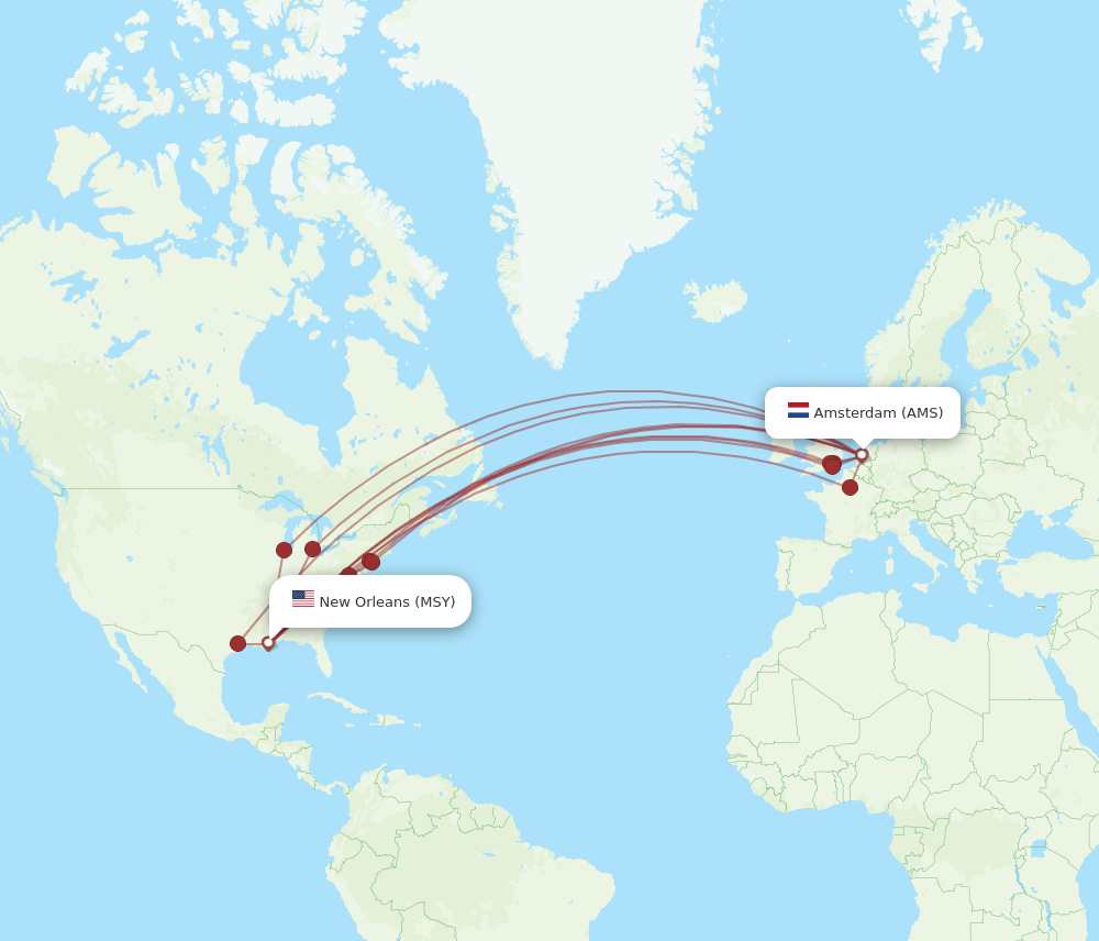 AMS to MSY flights and routes map