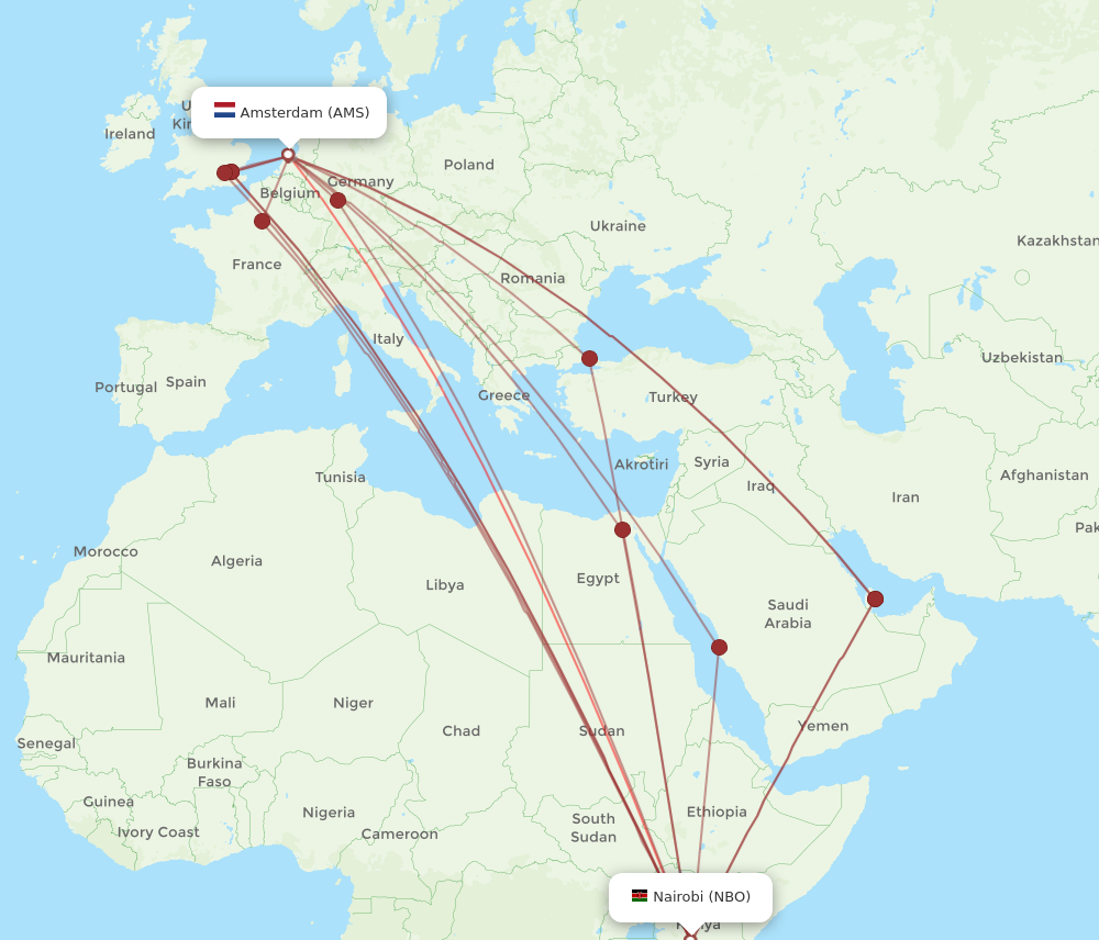 AMS to NBO flights and routes map