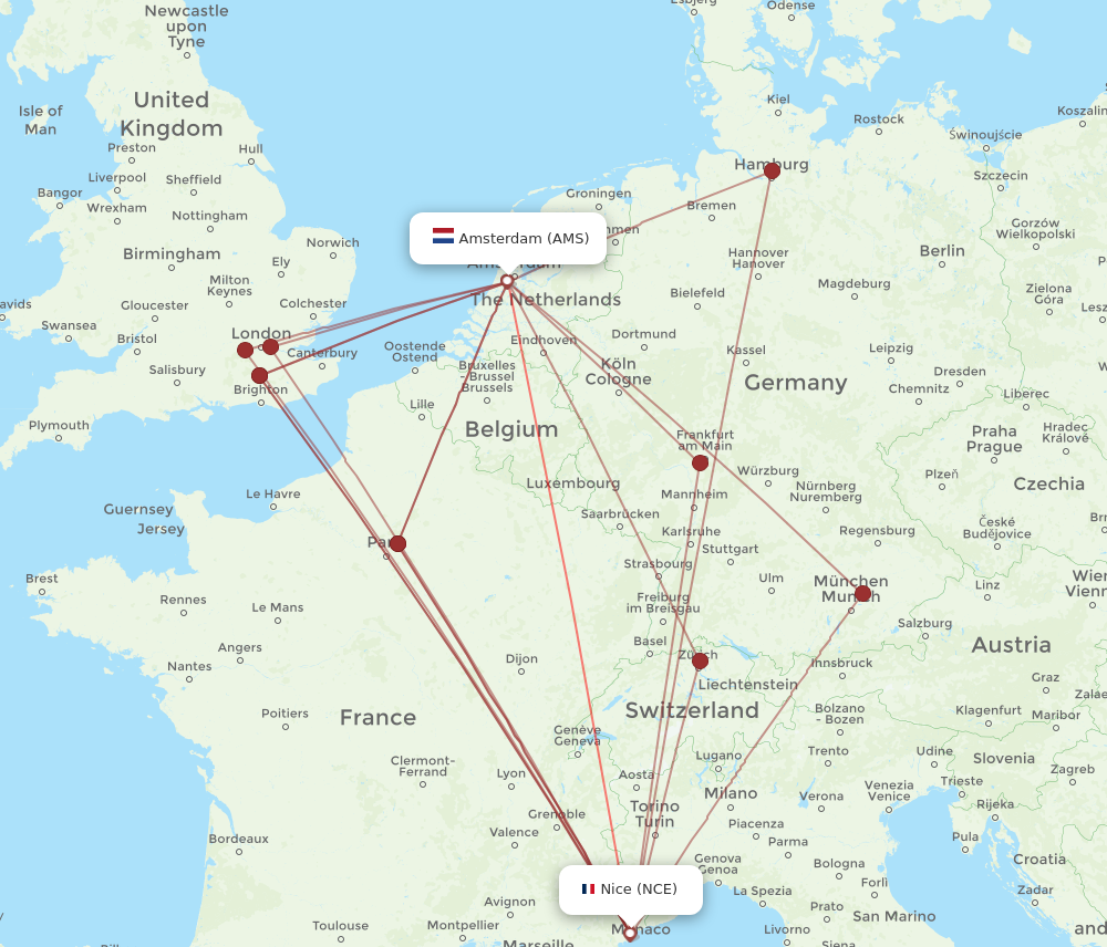 AMS to NCE flights and routes map