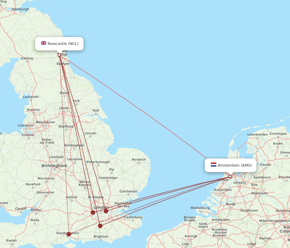 AMS to NCL flights and routes map
