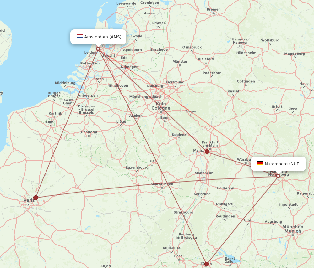 AMS to NUE flights and routes map