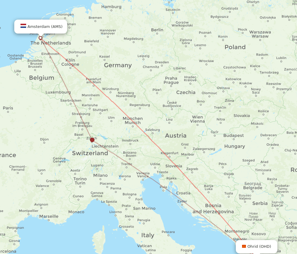 AMS-OHD flight routes