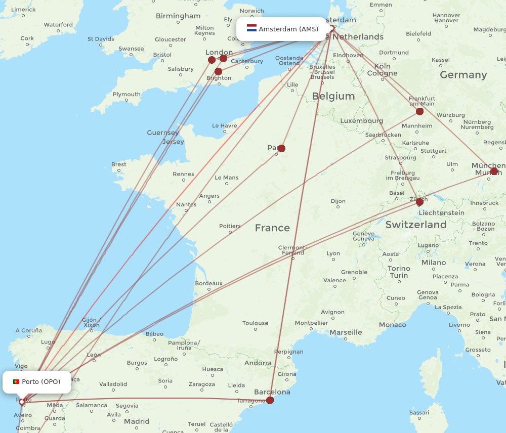 AMS-OPO flight routes