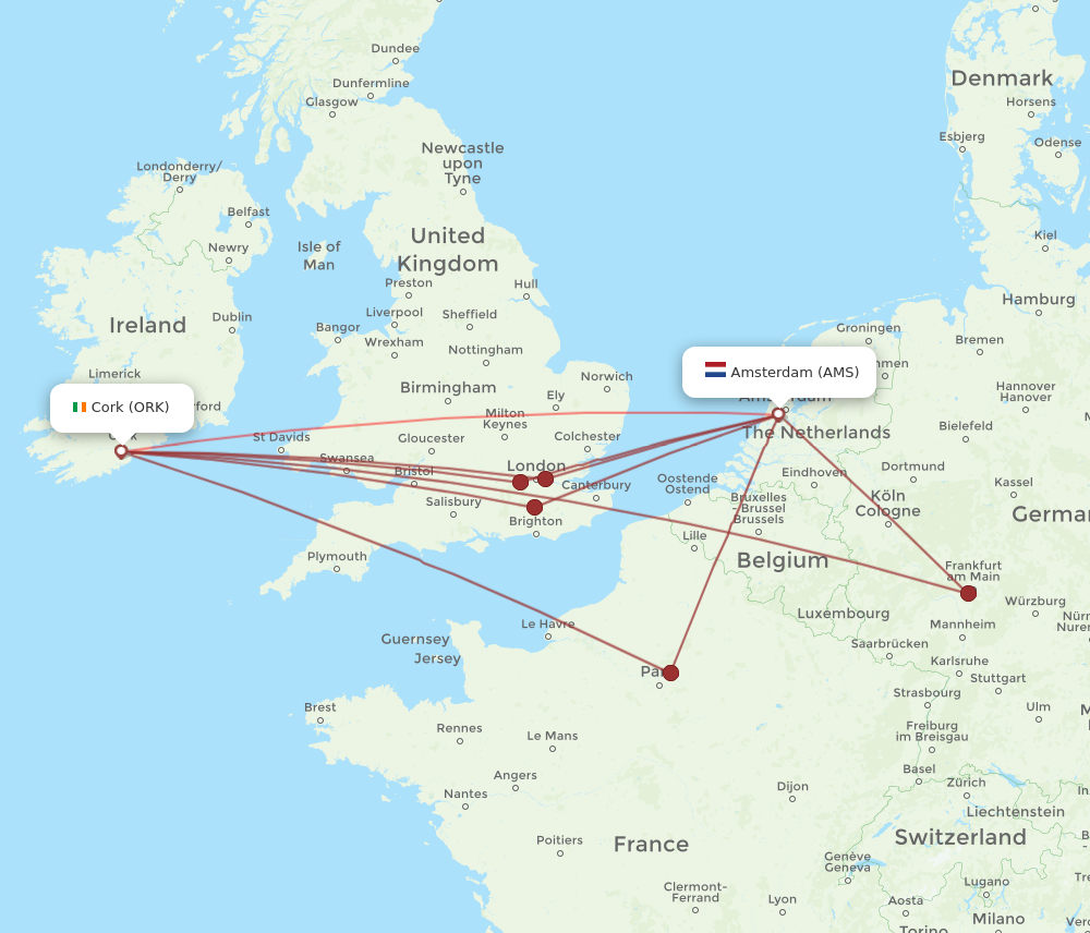 AMS to ORK flights and routes map