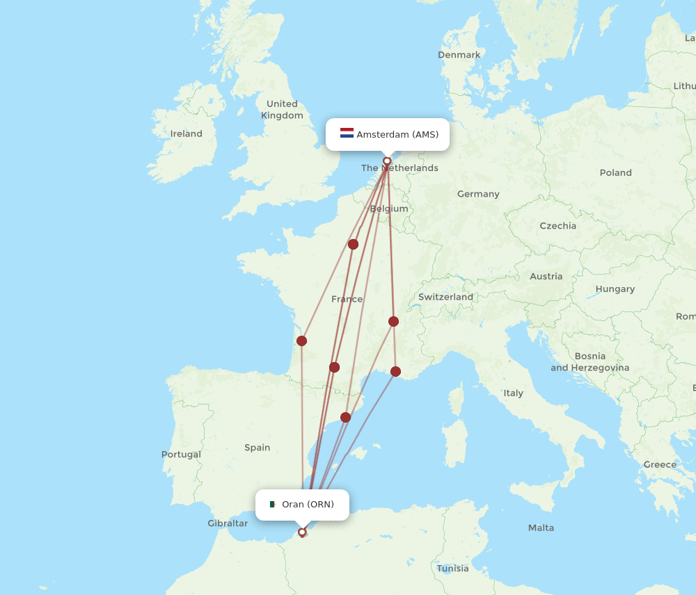AMS to ORN flights and routes map