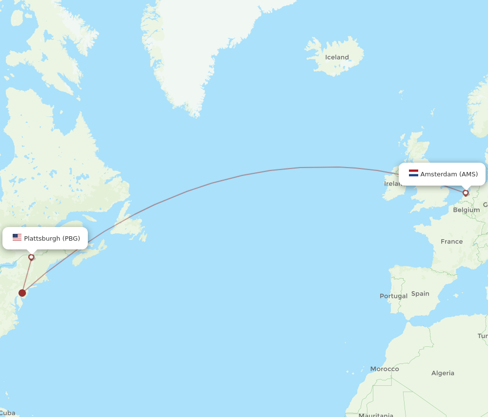 Amsterdam - Plattsburgh route map and flight paths