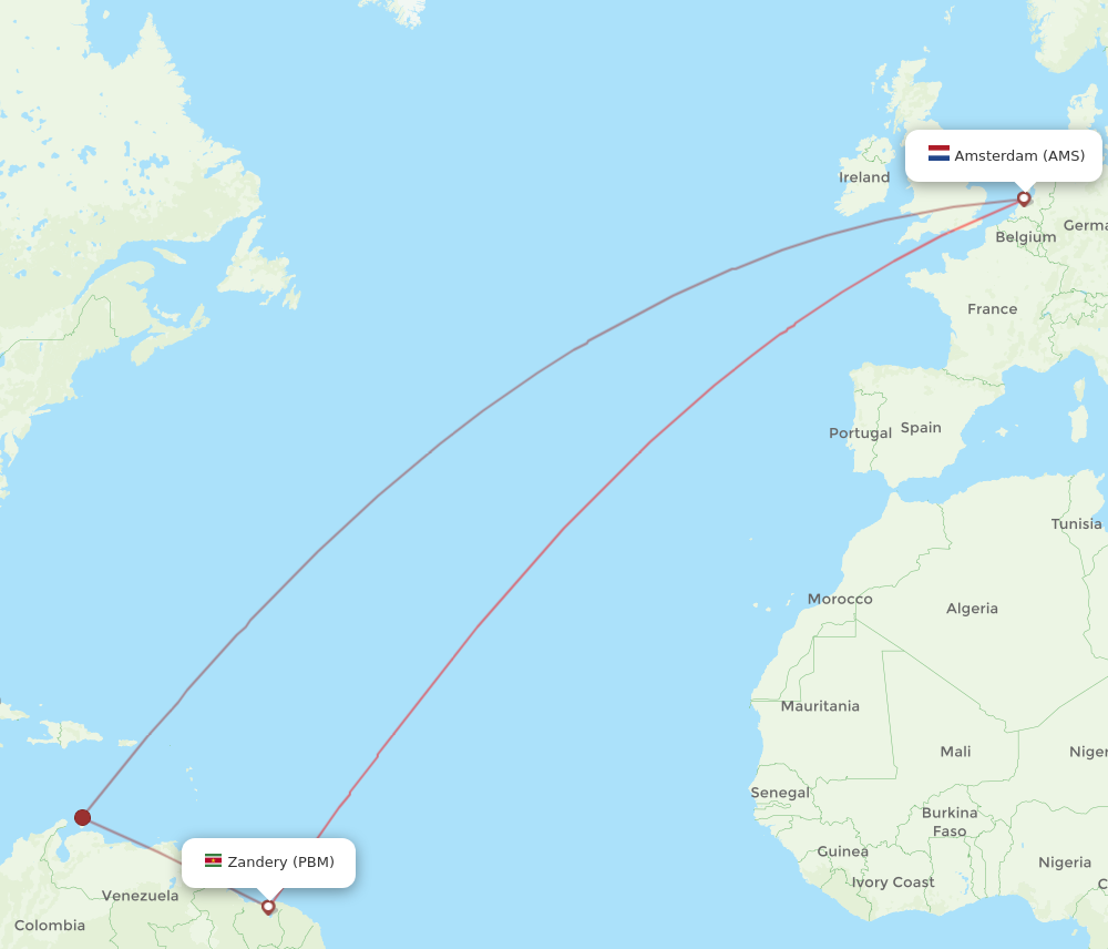 AMS to PBM flights and routes map