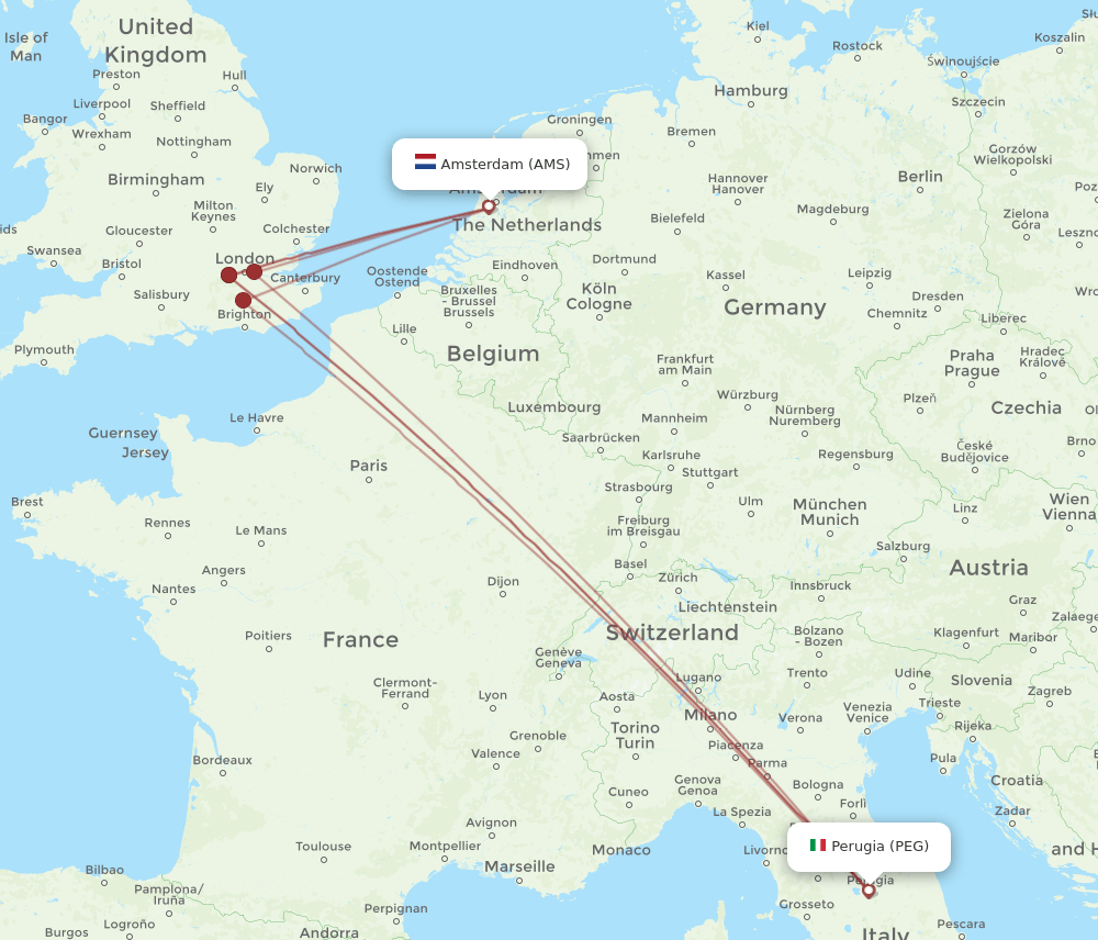 Perugia - Amsterdam route map and flight paths
