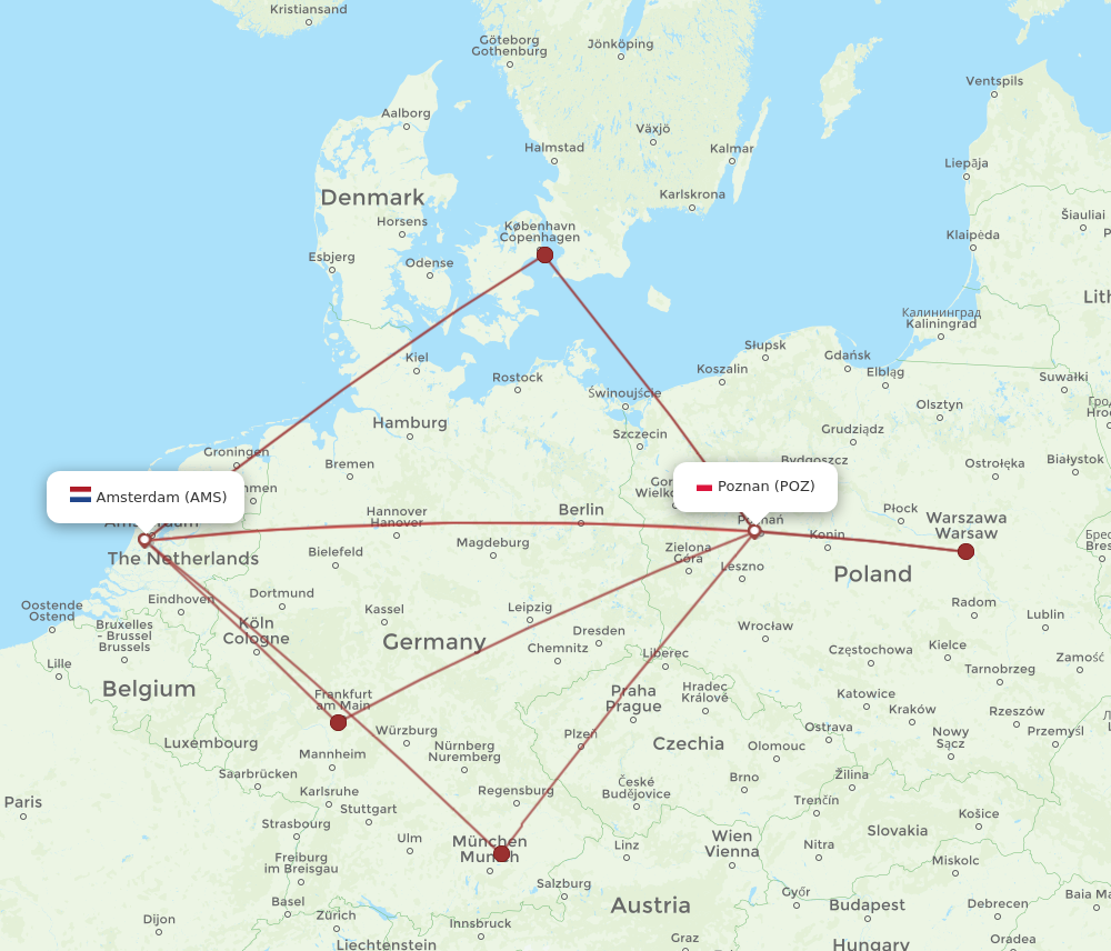 AMS to POZ flights and routes map