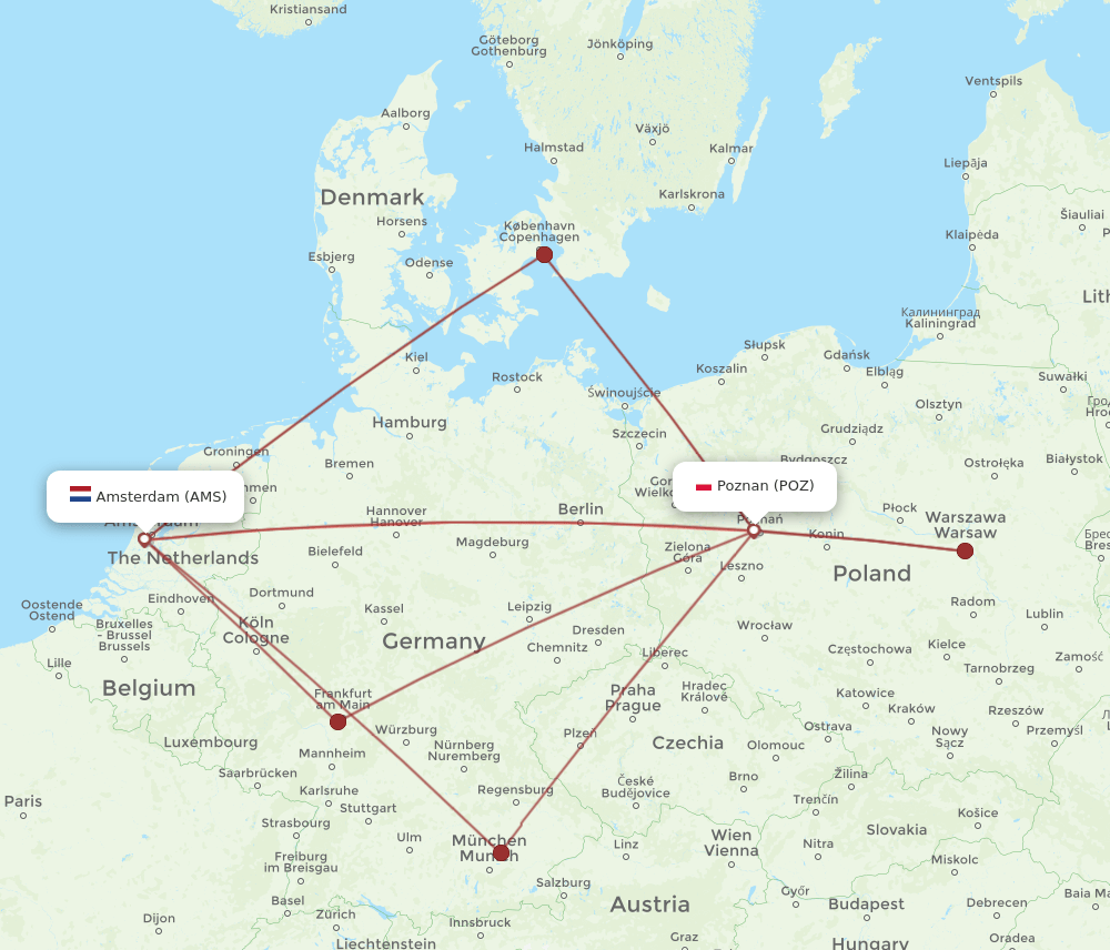 AMS to POZ flights and routes map