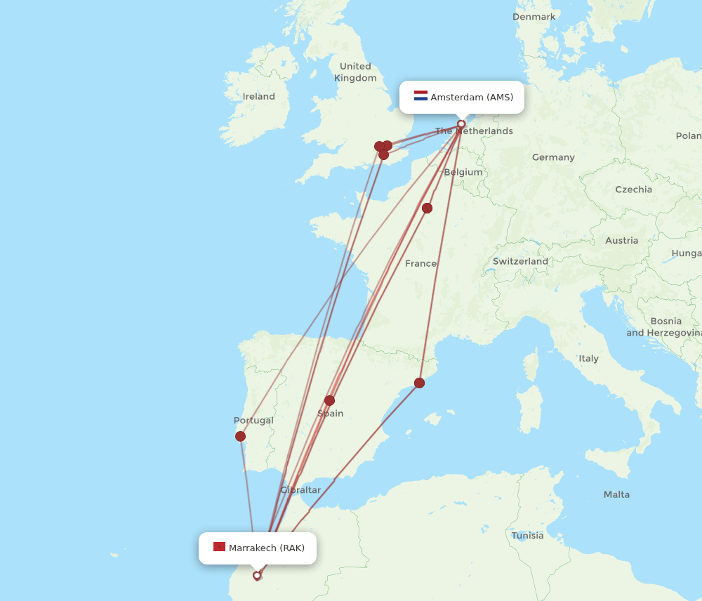 AMS to RAK flights and routes map