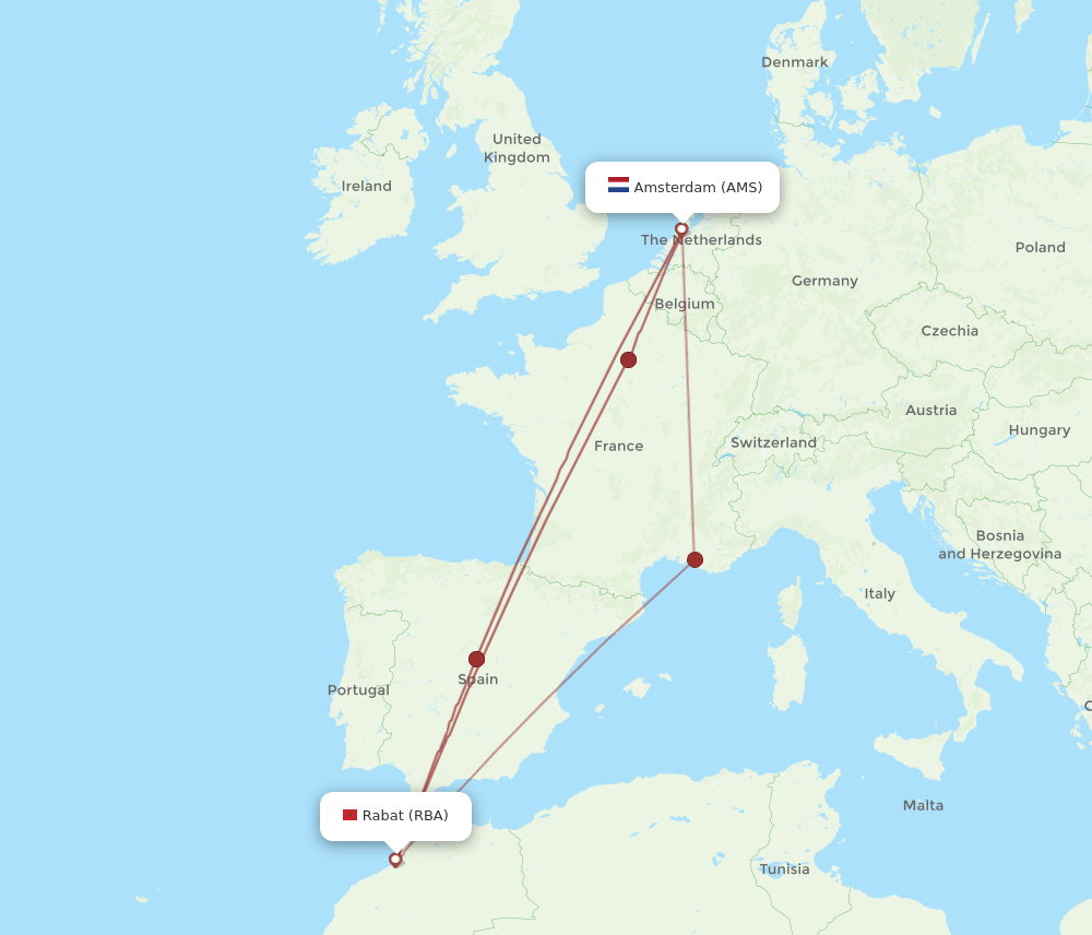 AMS-RBA flight routes