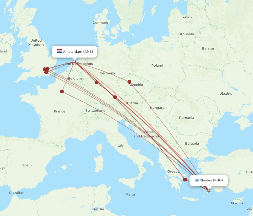 AMS to RHO flights and routes map