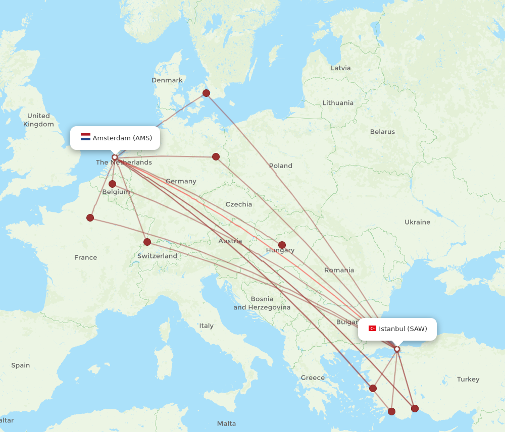 AMS to SAW flights and routes map