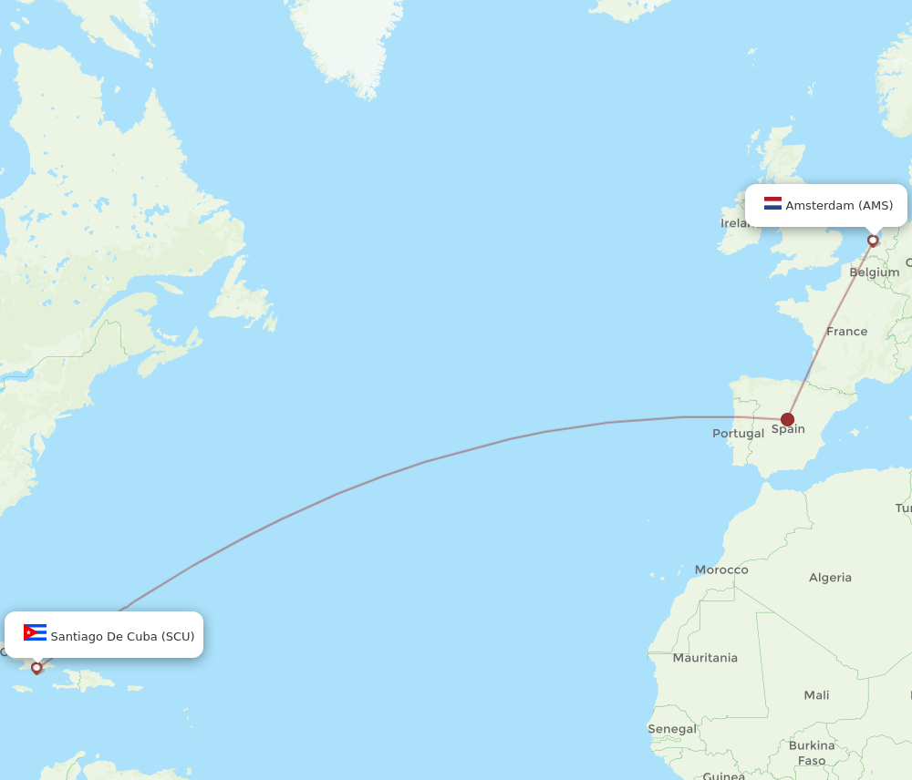 AMS to SCU flights and routes map
