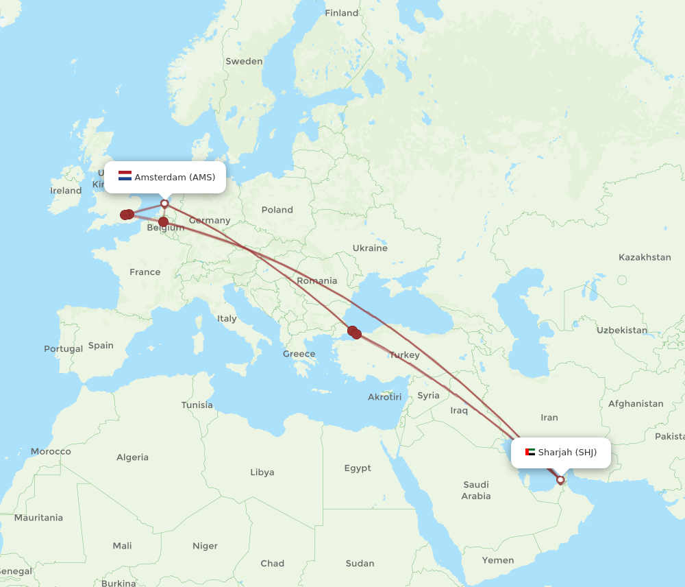 AMS to SHJ flights and routes map