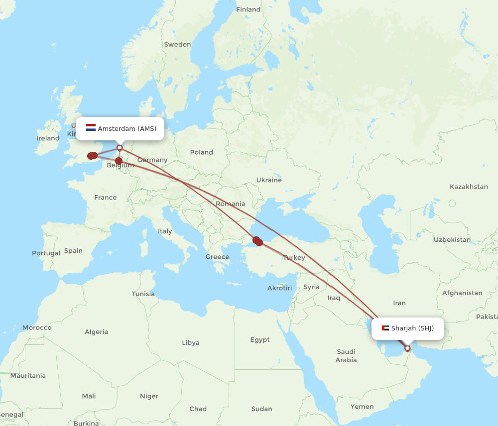 AMS-SHJ flight routes