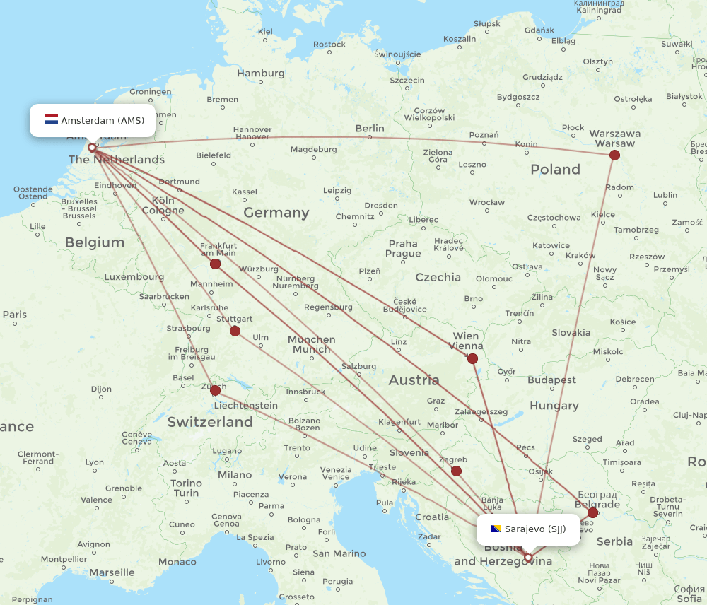 AMS-SJJ flight routes