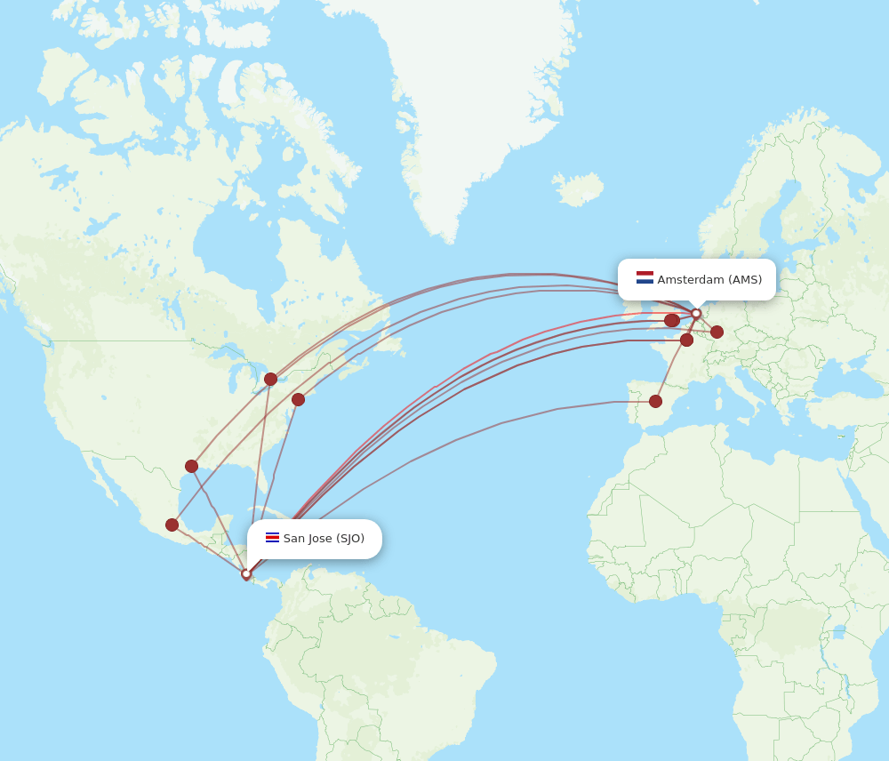 AMS-SJO flight routes