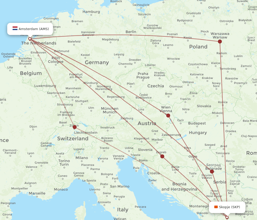 AMS to SKP flights and routes map