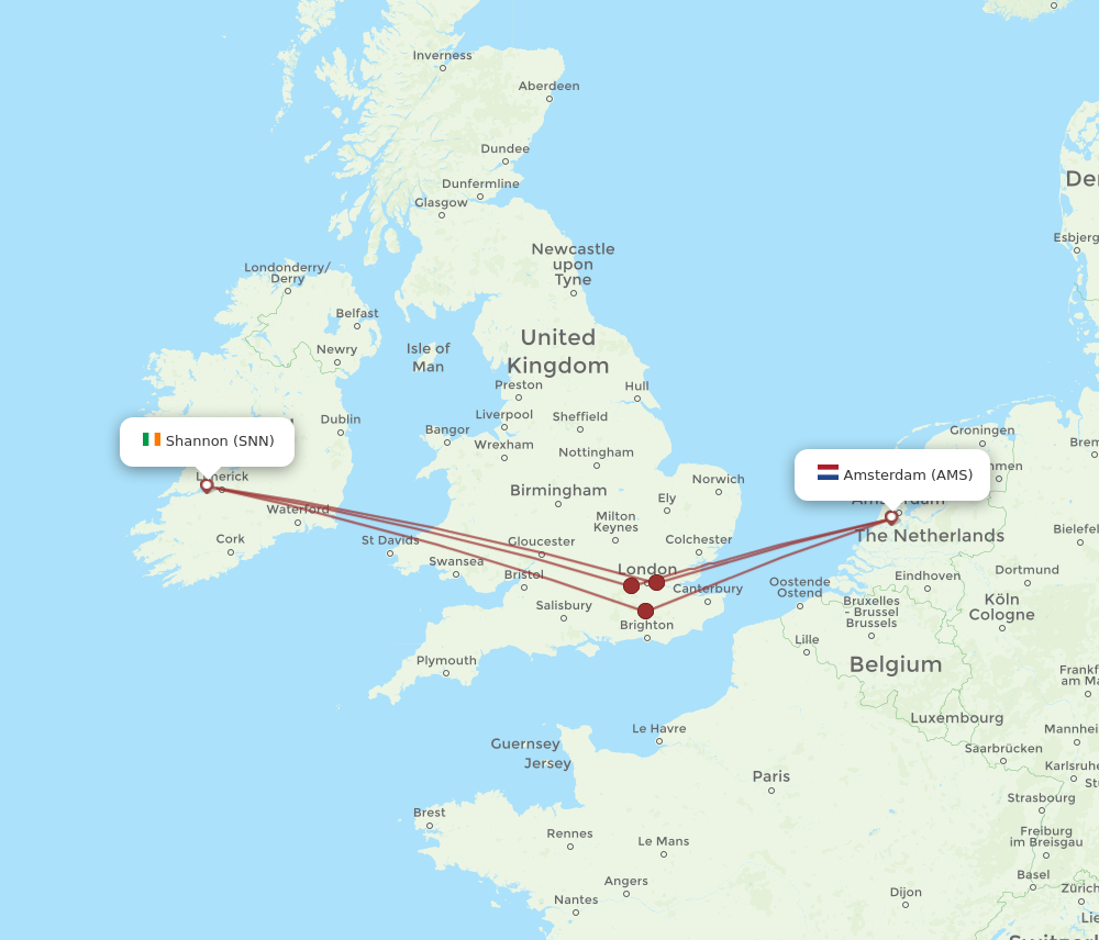 AMS to SNN flights and routes map