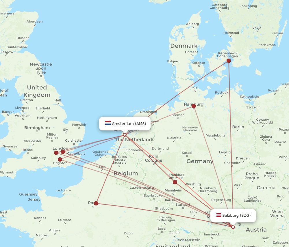 AMS-SZG flight routes