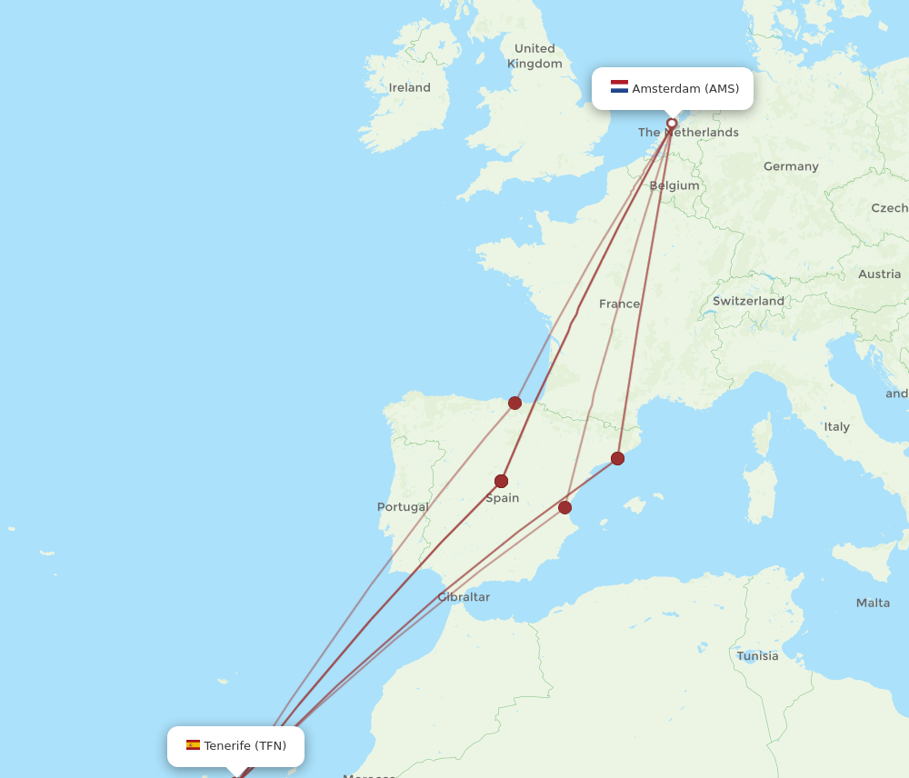 AMS to TFN flights and routes map