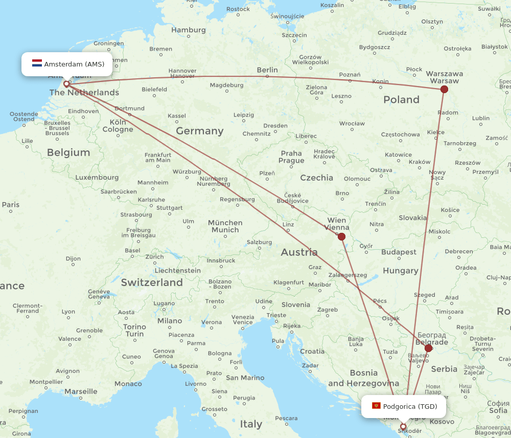 AMS to TGD flights and routes map