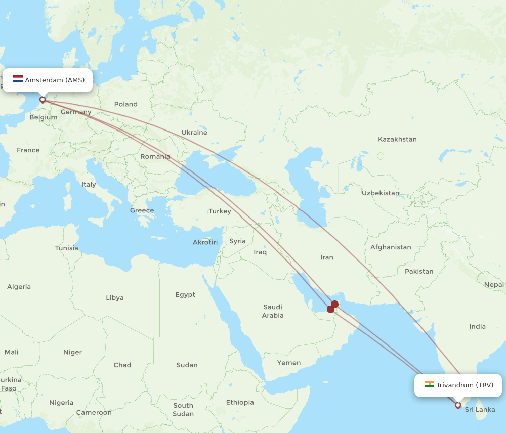 AMS-TRV flight routes