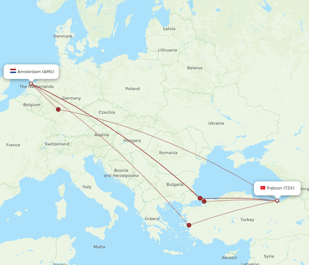 AMS to TZX flights and routes map