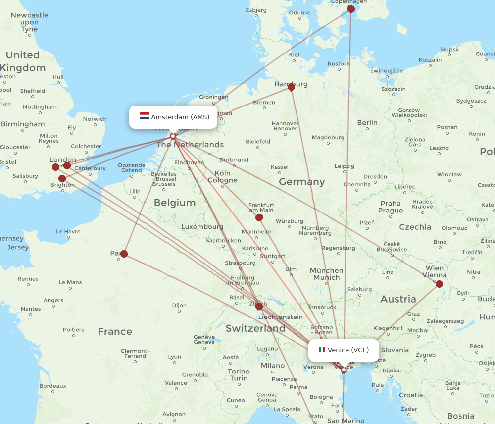 AMS to VCE flights and routes map