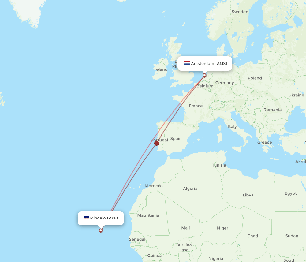 AMS-VXE flight routes