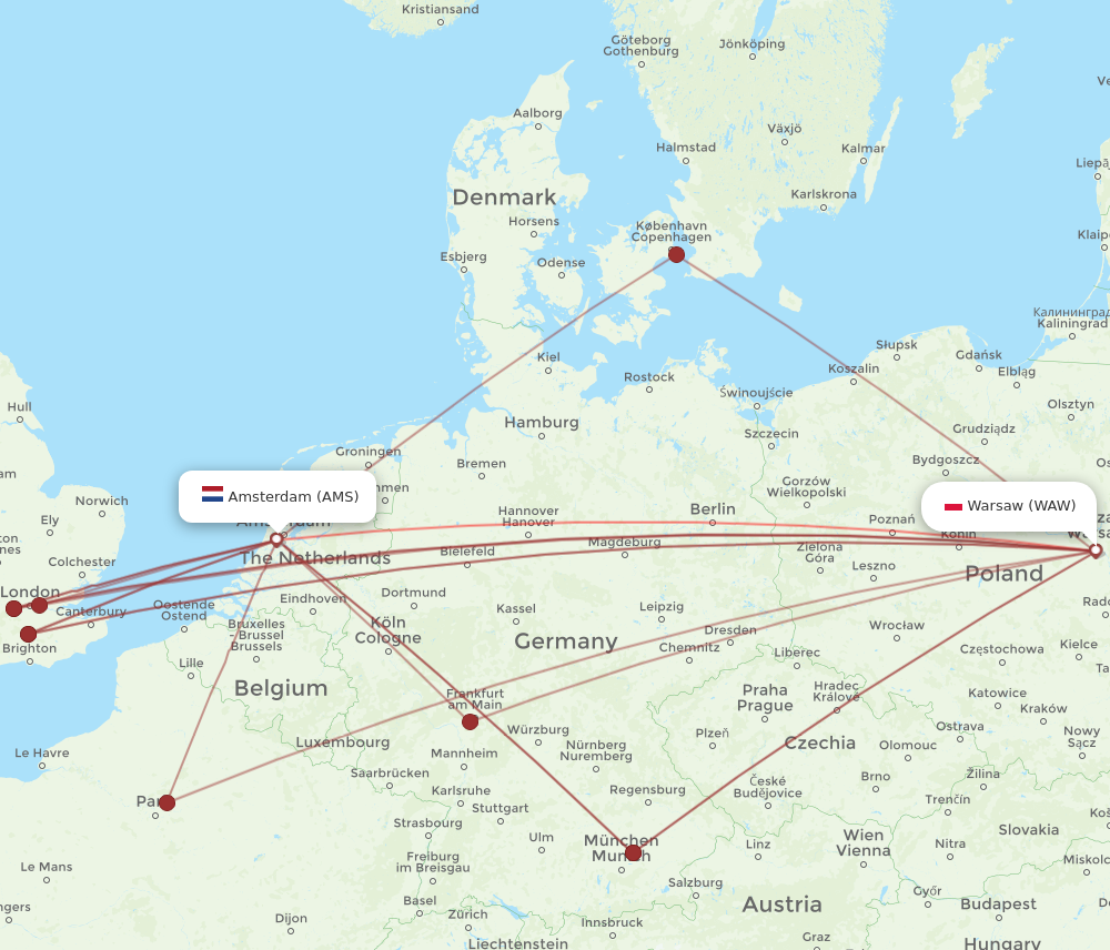 AMS to WAW flights and routes map