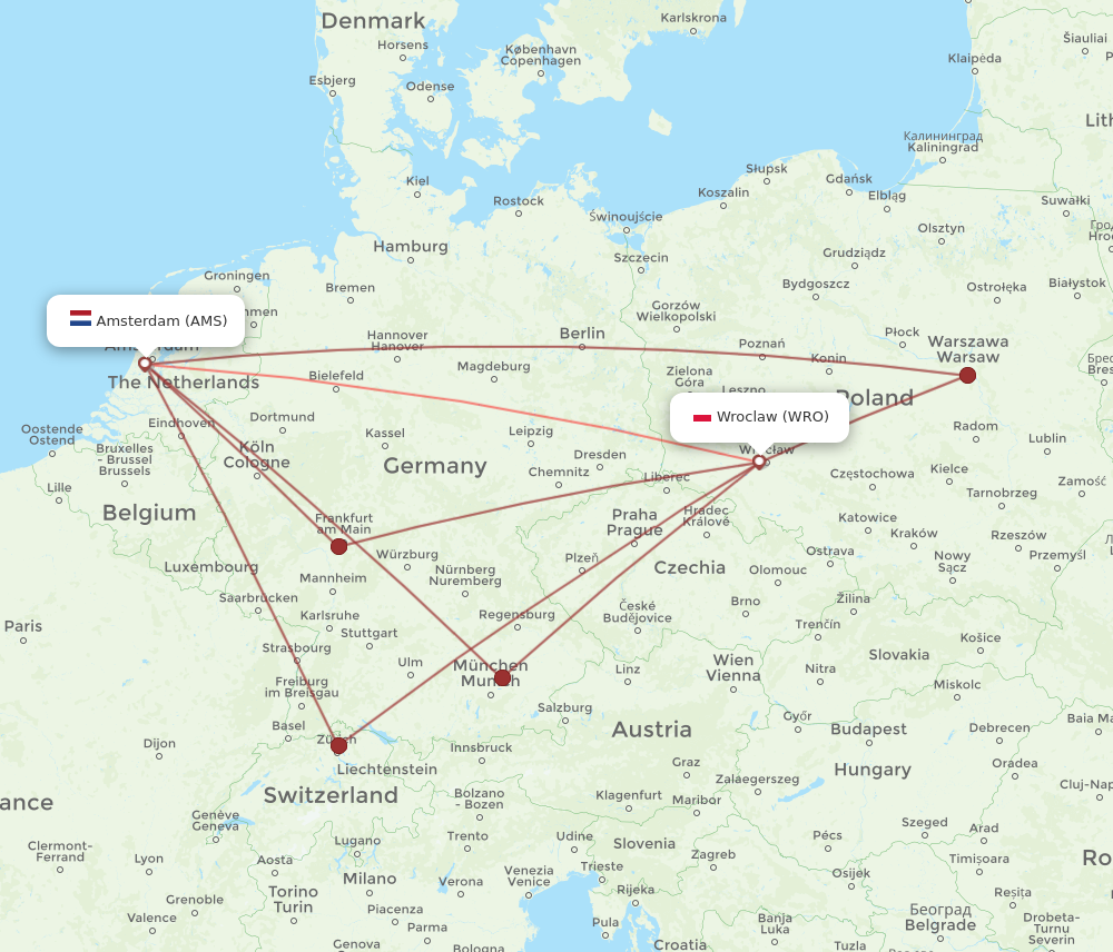 AMS to WRO flights and routes map