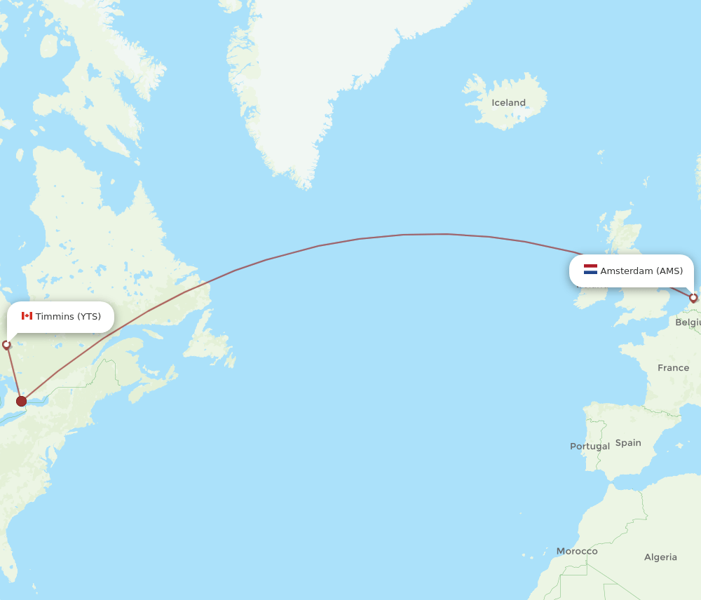 AMS-YTS flight routes