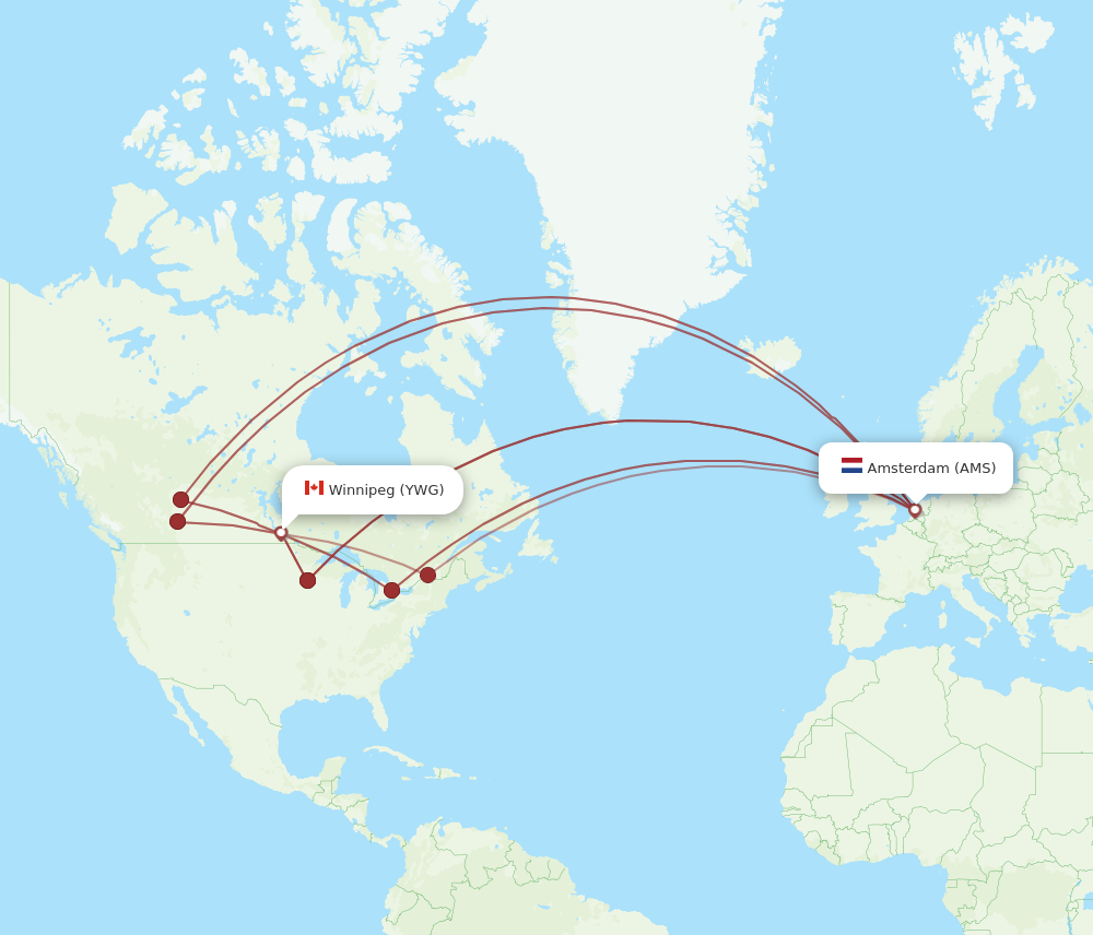 YWG to AMS flights and routes map