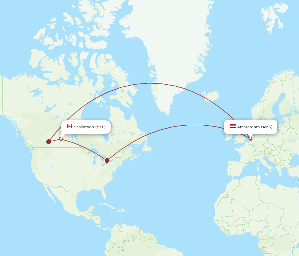 YXE to AMS flights and routes map