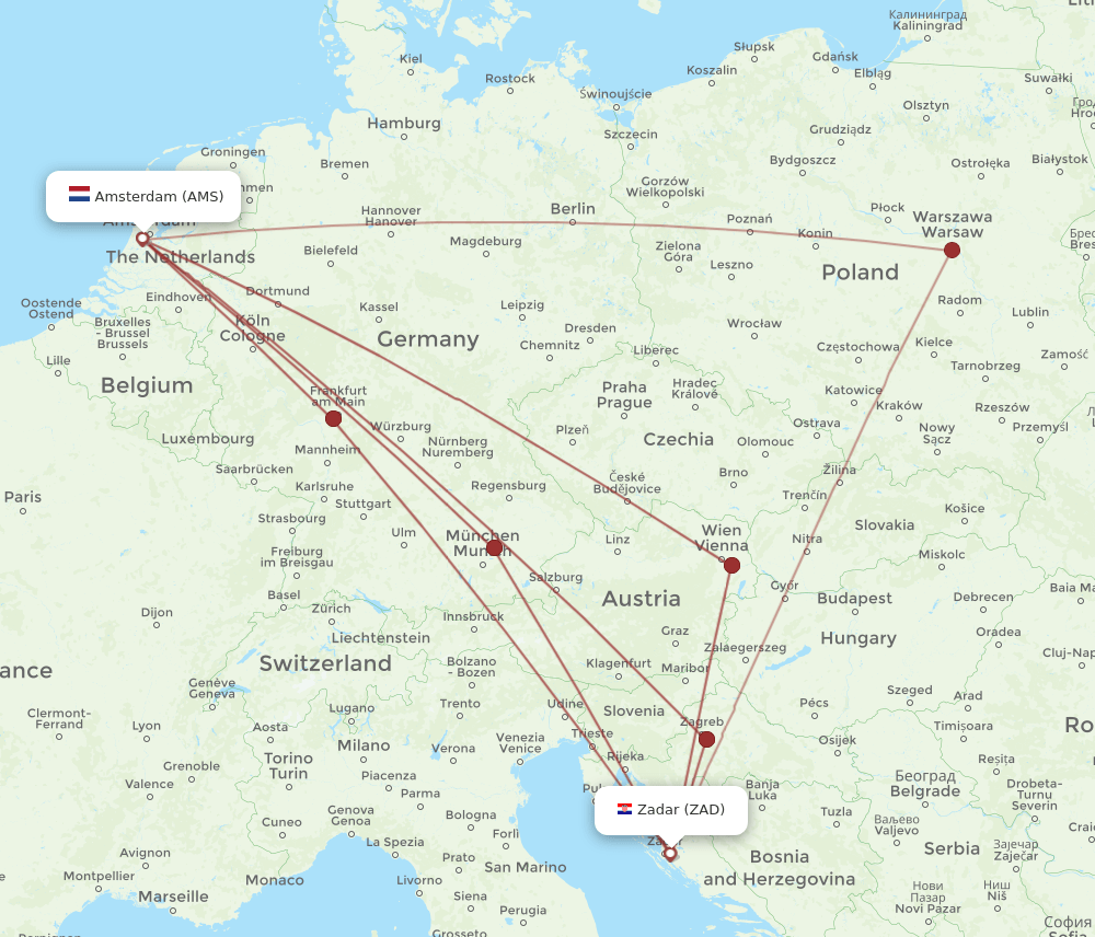 AMS-ZAD flight routes
