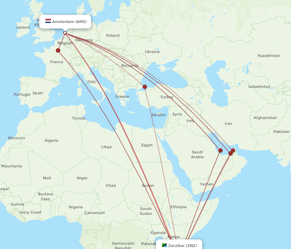 AMS-ZNZ flight routes