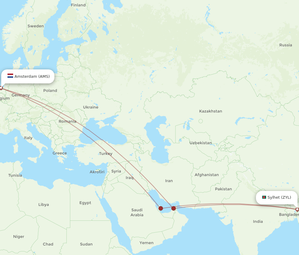 AMS-ZYL flight routes
