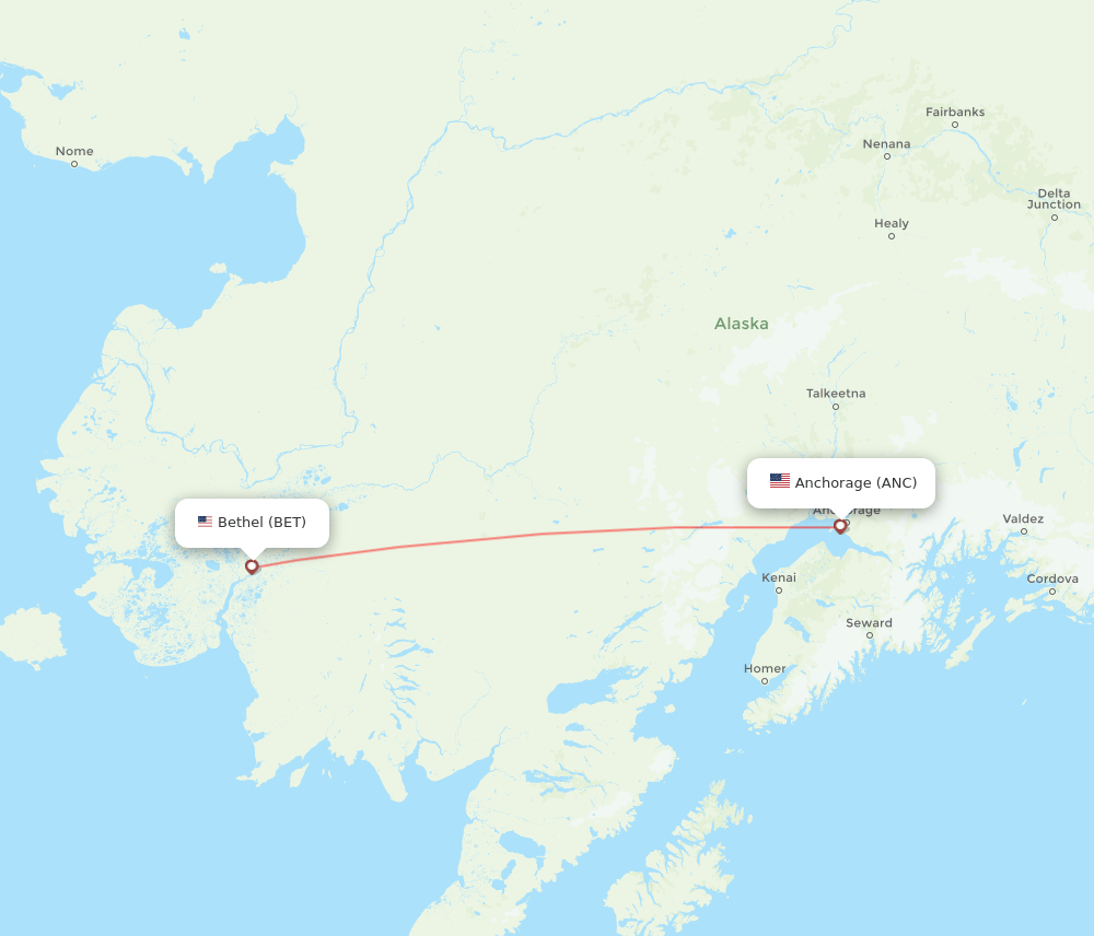 Anchorage - Bethel route map and flight paths